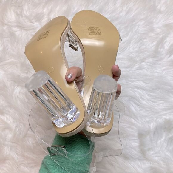 Fashion Nova Square Crystalbelle Ankle Wrap Open Toe Clear/nude Heels - Picture 7 of 12
